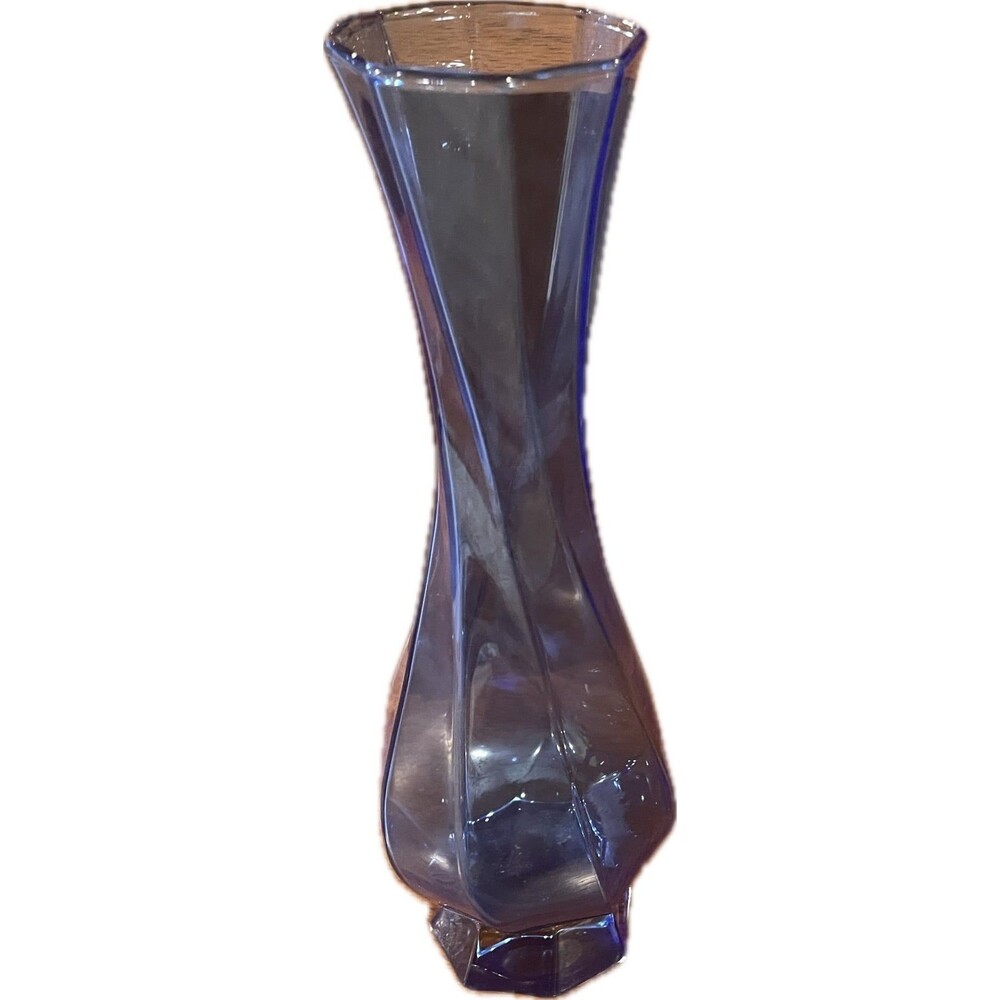 Vintage Blue Blown Glass Twist Vase - 8" MCM Octagonal Swirl Art Glass